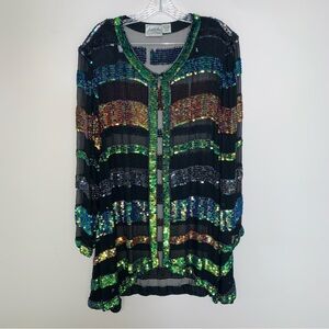Vintage Judith Ann 100% Pure Silk Black and Multicolour Sequin Jacket 2X